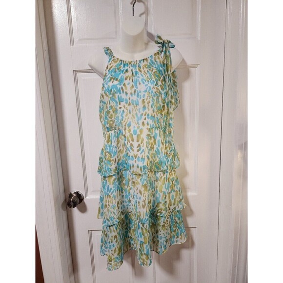 BCBGMaxAzria Blue and Green Animal Print
Tiered Sleeveless Chiffon Midi Dress XL - Picture 2 of 12
